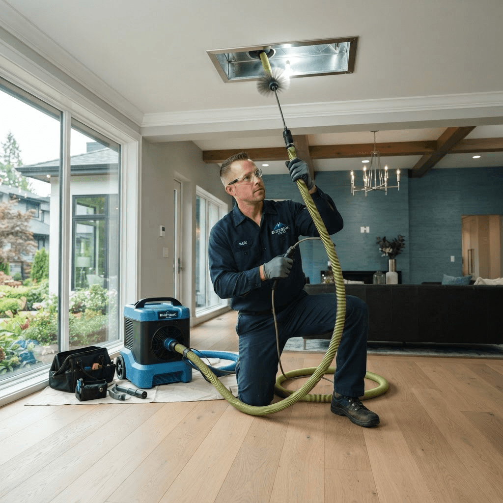 Technician cleaning an air duct in a home